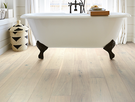 bathroom with hardwood floor from Carneys Carpet Gallery in Jeffersontown, KY